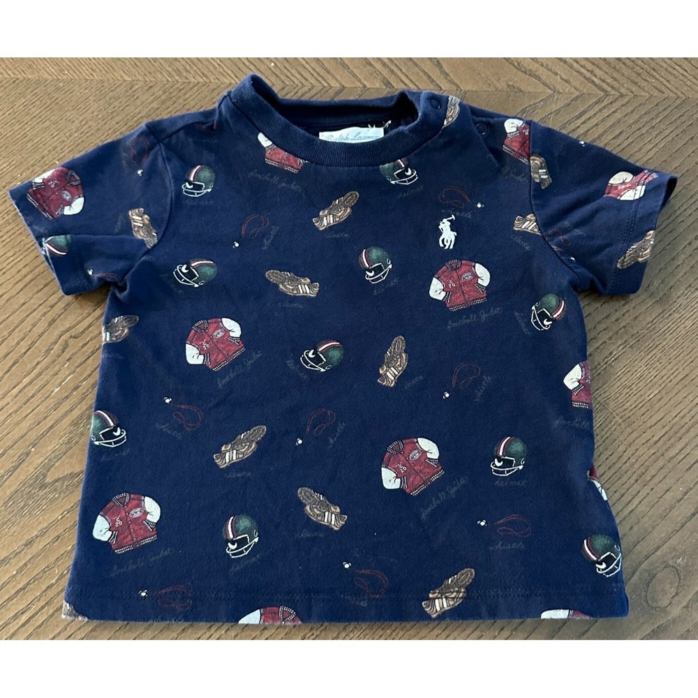 Polo Ralph Lauren‎ Boys Football Varsity Inspired Print Cotton T Shirt Navy 9 mo